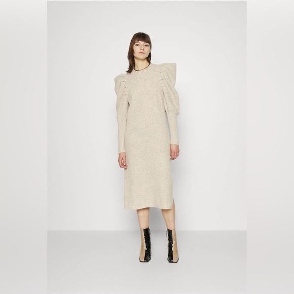 Ted Baker MARNIAA Wool Knit Sweater Midi Dress Puff Sleeve Cream Beige Sz 2/M - Picture 2 of 15